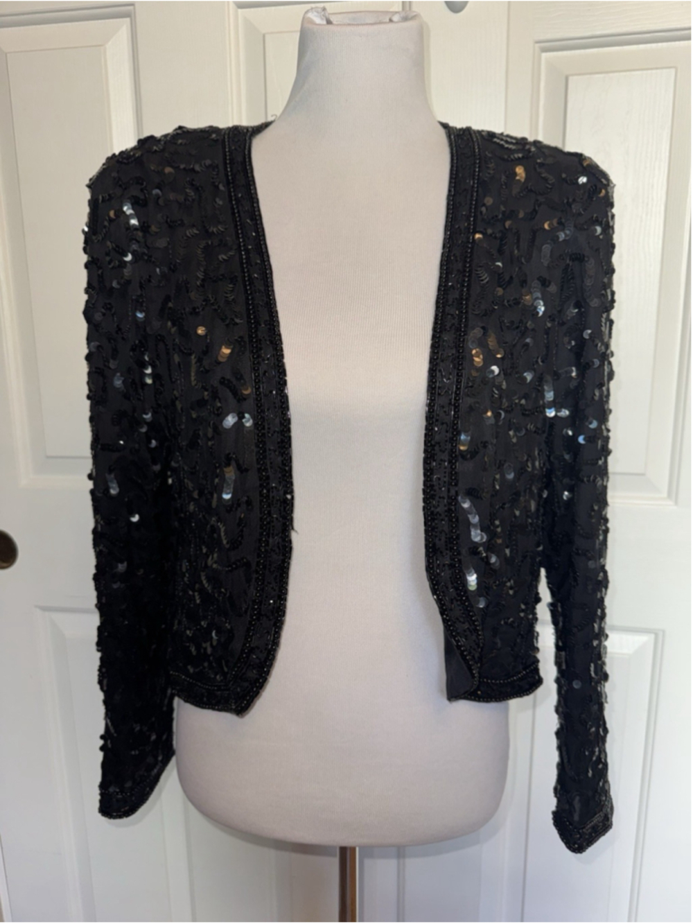 Vintage Leslie Fay Evenings Silk Sequin Beaded Jacket Black Glam Party Formal